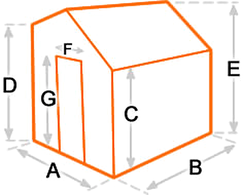 Potting shed dimensions diagram showing width, depth and ridge height