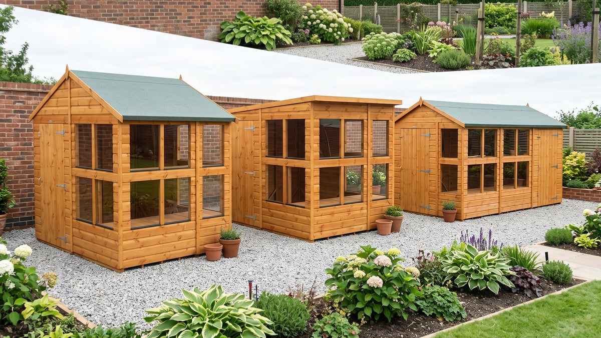 Power apex, pent and combi potting sheds compared in a British garden