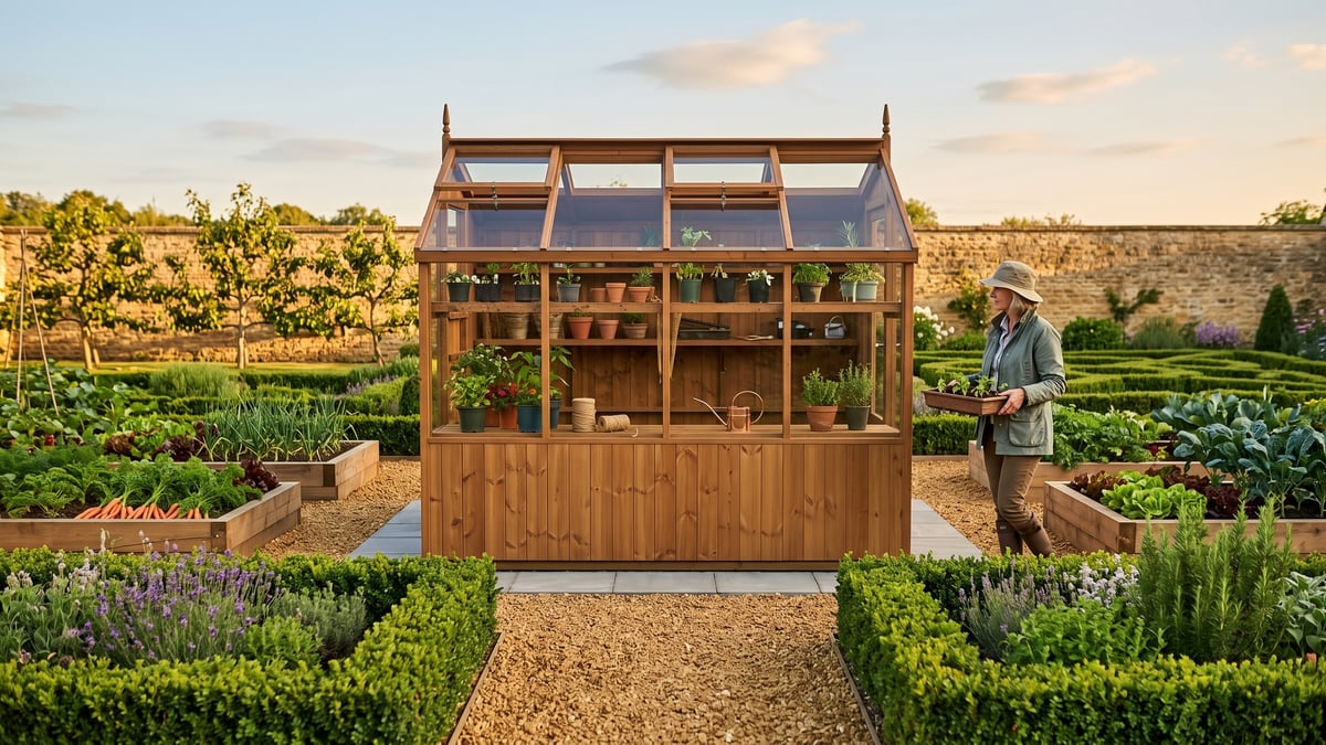 Swallow Rook potting shed in a productive British kitchen garden