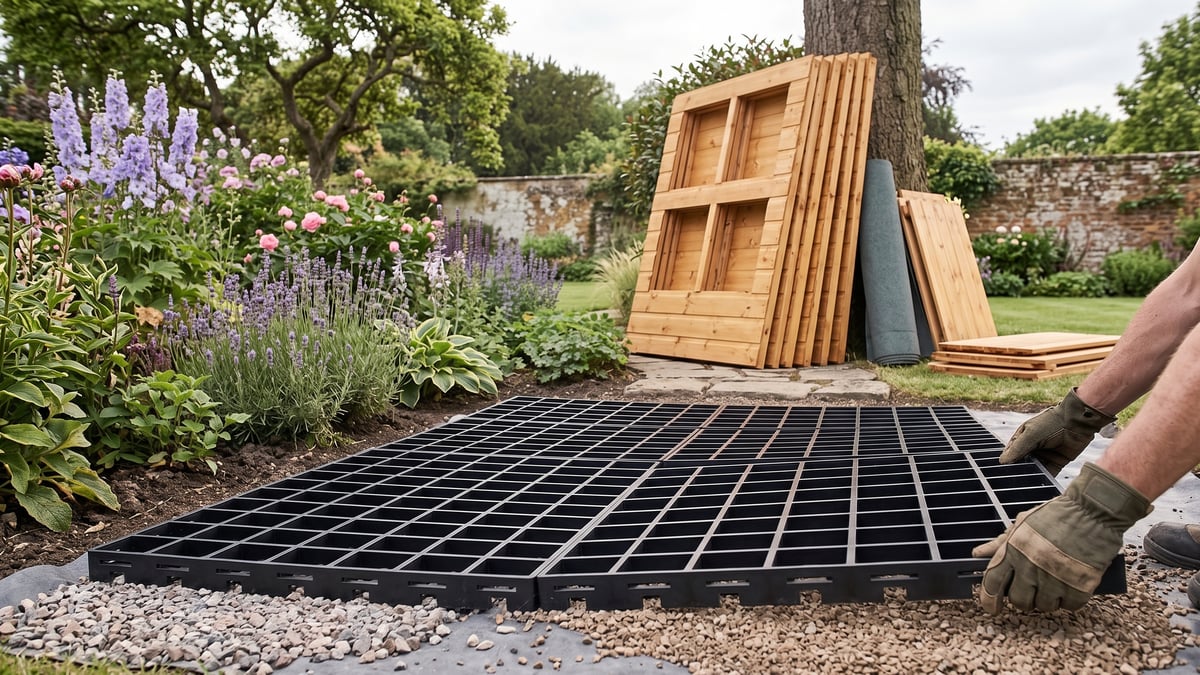 Fastfit floor-kit panels being joined on prepared ground for a potting shed