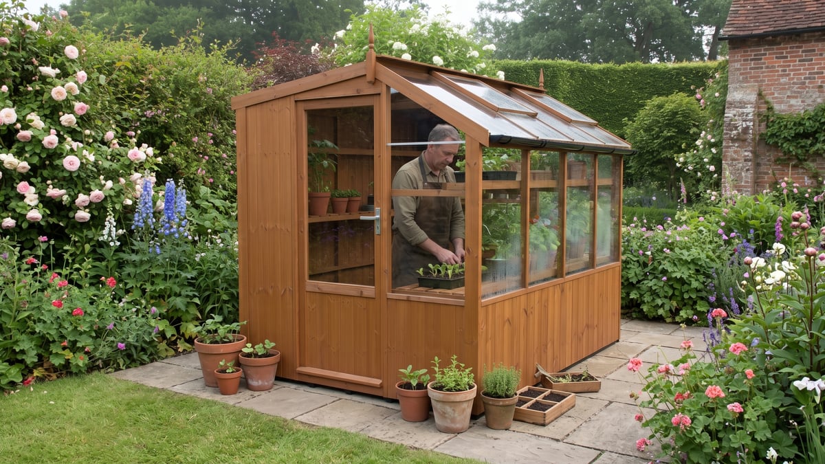 Swallow Jay potting shed used for seed sowing in an English cottage garden