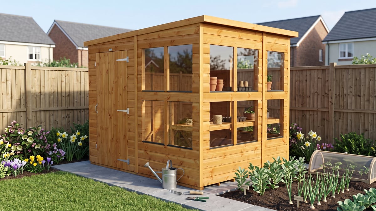 Power pent potting shed on a paved base in a suburban British garden
