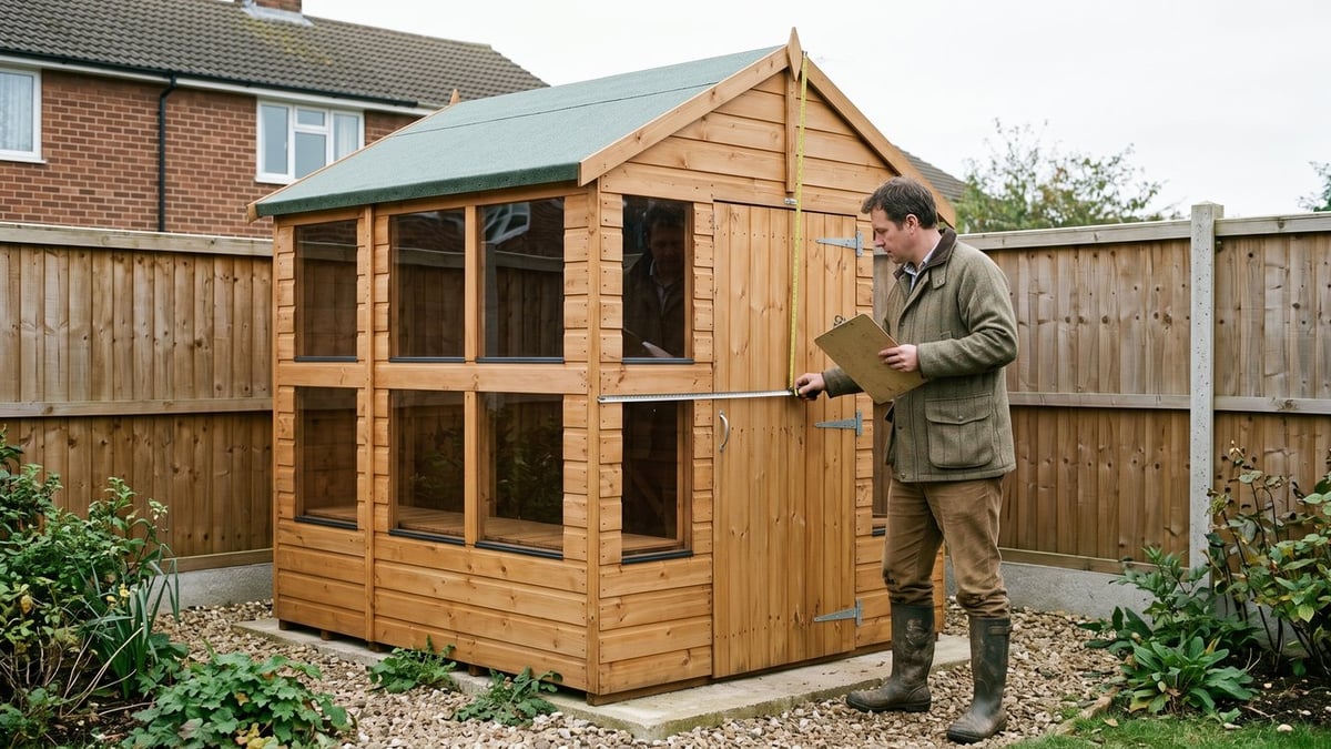 Homeowner measuring a Power apex potting shed beside a UK garden boundary