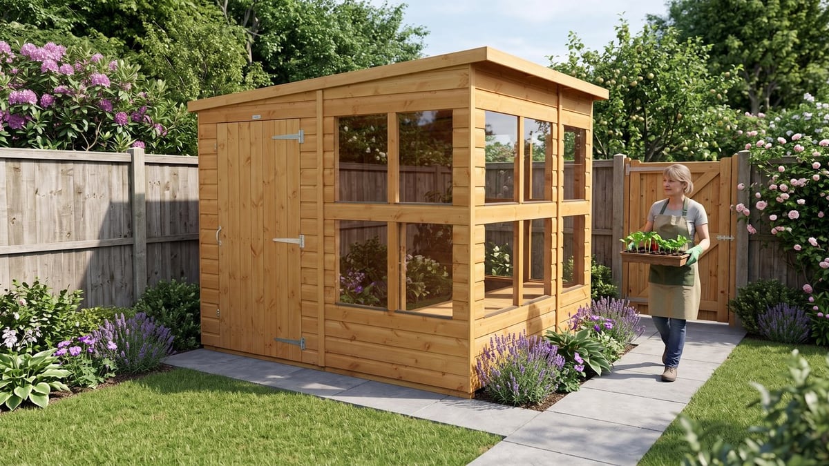 Power pent potting shed positioned beside a clear garden path in useful daylight