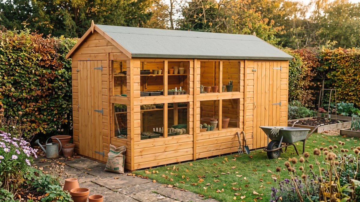 Power apex combi potting shed with separate growing and storage doors