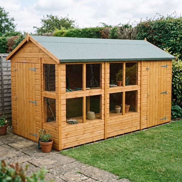 Power apex combi potting shed with an integrated storage compartment