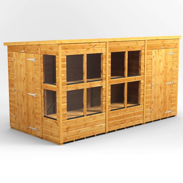 Power pent combi potting shed showing a single roof fall above two sections