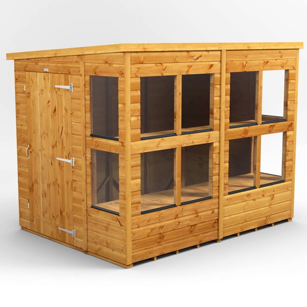 Power 6x8 pent potting shed showing the single roof slope