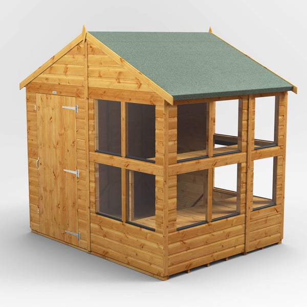Power apex potting shed showing its end door and glazed working side